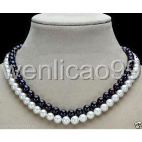 NEW 2 Row 8-9mm NATURAL Akoya Cultured WHITE+BLACK PEARL NECKLACE 18 INCH
