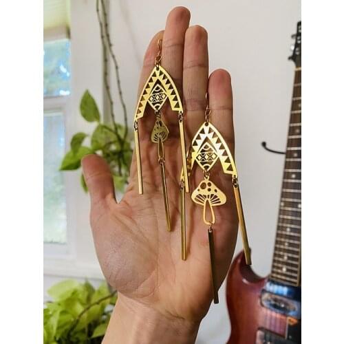 The gold plated Mushroom Wobble Earrings.,Celestial Witchy Metaphysical Jewelry