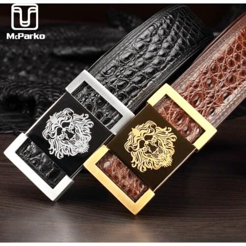 McParko Genuine Leather Belt Male Fashion Lion King Buckle Real Alligator Crocodile Leather Belt High Quality Belt Vintage Brown
