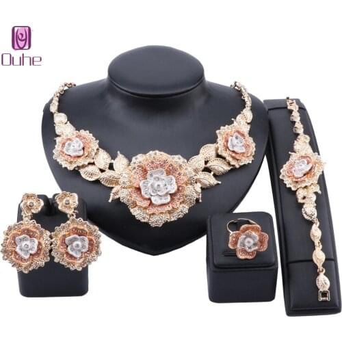 Luxury Dubai Gold Flower Crystal Jewelry Sets For Women Necklace Bangle Earrings Ring African Wedding Bridal Jewelry Sets