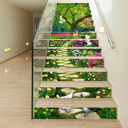Fairy Tale Forest Deer White Dove Stairs Sticker For House Decoration Staircase Renovation PVC Wall Sticker Peel & Stick Mural