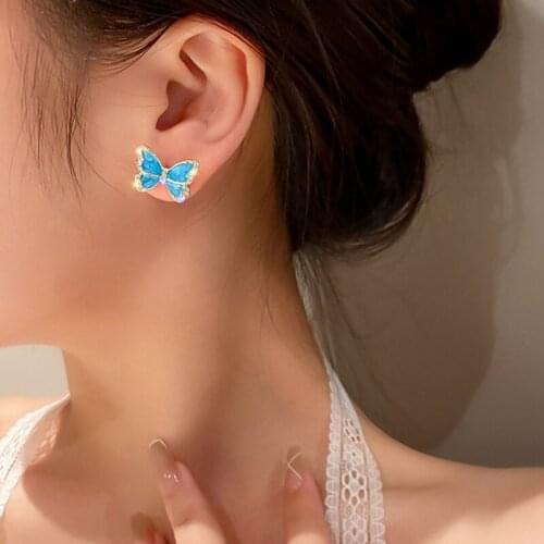 VSnow Fairy Exquisite Shiny Rhinestone Butterfly Dangle Earrings for Women Blue Enamel Insect Wing Earrings Jewelry Pendientes