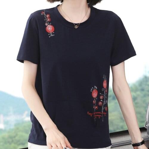 Vintage Clothes T Shirt Women Short Sleeve O-Neck Solid Embroidery Flowers Loose Plus Size Cotton Tee Shirt Casual Womens Tops