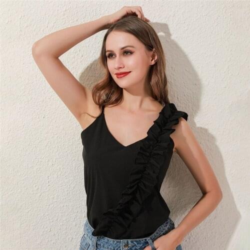Women Sexy V Neck Ruffle Shirts Blouse Elegant Sleeveless Office Lady Blouses 2020 Summer Backless Spaghetti Strap Casual Tops