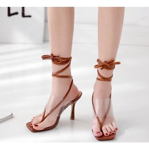 2021 Snake print sandals for women trendy square toe lace-up thin high heels PVC thong sandal womens party shoes size 41
