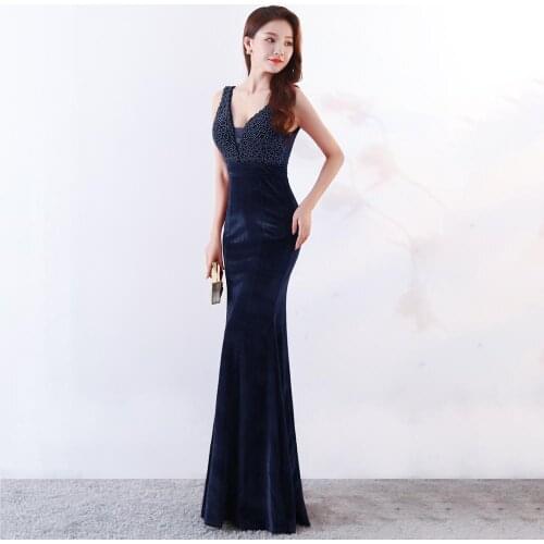 Beauty Emily 2019 Long Sexy V Neck Mermaid Evening Dresses Sleeveless Rhinestones Appliques Sequins Party Gowns Vestido de noche