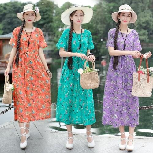 Thin Soft Cozy Loose Cotton Linen Vintage Dress 2021 New Arrival Short Sleeve Summer Dress Women Travel Casual Long Dress