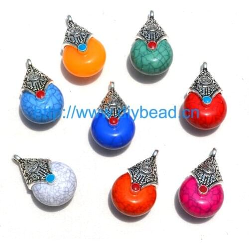 10pcs/lot DIY Jewelry Accessory 28MM Imitation Torquiose Resin And Alloy Charm Mix Color Drop Shape Anti-Silver Color Pendant