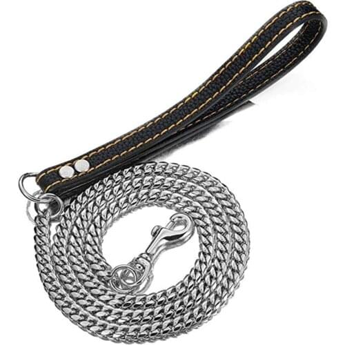 12mm Fashion Strong Leash 2FT 3FT 4FT Silver Color Miami Cuban Curb Link Chain Pet Dog Leashes With Genuine Black Leather Handle