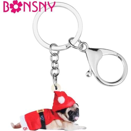 Bonsny Acrylic Christmas Hat Uniform Pug Dog Key Chain Rings Car Purse Wallet Keychains For Women Girl Lady Men Decorations Gift
