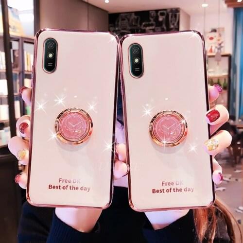 Ring Holder Soft Silicone Phone Case On For Xiaomi Redmi 9A 9AT Redmi9A Stand Luxury Plating Gold Bumper Back Cover Funda Shell