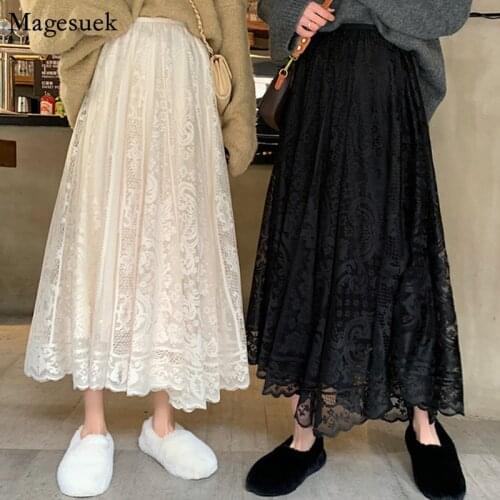 Elegant High Waist Crochet Lace Skirt Women A-line Elastic Loose Black Skirts Korean Casual Long Skirt Female Jupe Femme 13063