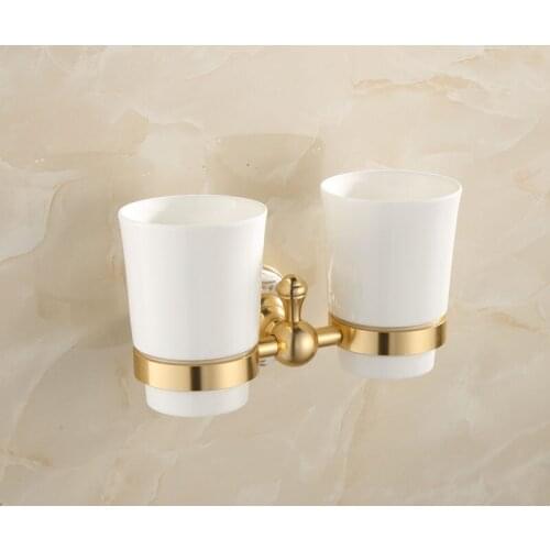 European Antique Gold Brushed Bathroom Thumbler Double Cups Aluminum& Ceramic Wall Mounted Bathroom Hardware Accessories GH