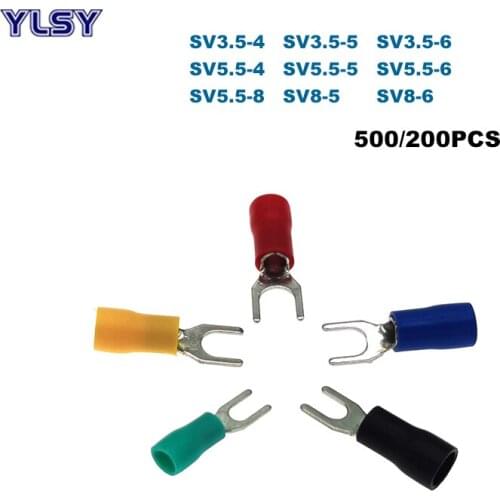 500/200Pcs Spade Insulated Crimp Terminals Electric Lug Wire Cable Connector SV3.5 SV5.5 SV8 Furcate Ferrules 2.5-10mm2 14-8AWG