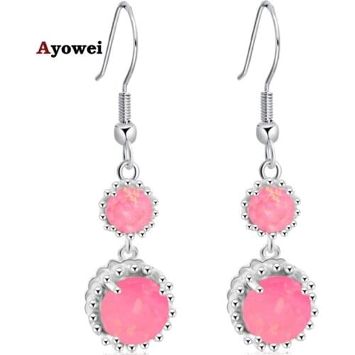 Round Double Opal design Beautiful Pink fire opal Silver Stamped Wholesale & Retail Fashion Jewelry Dangle Earrings OE506A