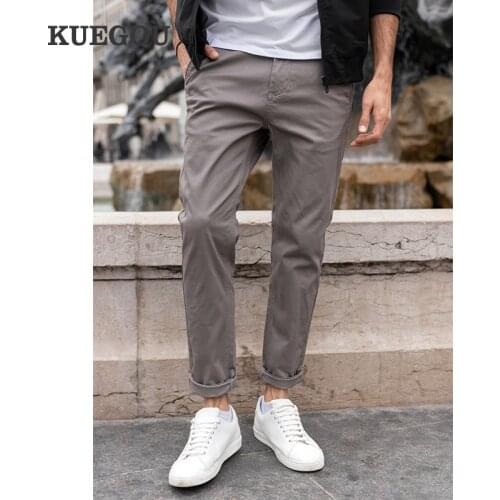 KUEGOU Cotton Spandex Spring Autumn Clothing Mens Casual Pants Slim Fit Elastic Long Trousers Black Gray Tapered Plus Size 2998