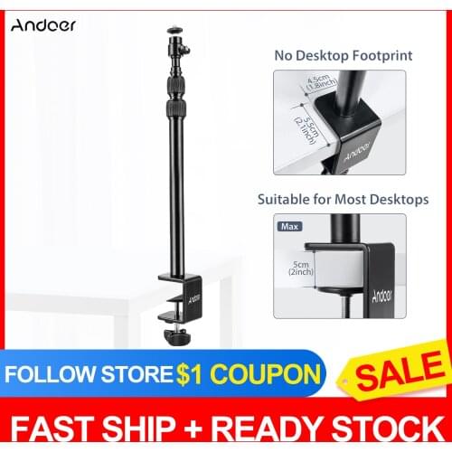 Desk Mount Stand Tabletop C-clamp Mount Aluminum Alloy 41-100cm Adjustable Height with 360° Rotatable Ballhead for DSLR Camera