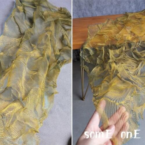 Irregular Miyake Pleated Tulle Fabric Golden Blue Gradient DIY Making Paintings Skirt Background Decor Dress Designer Fabric