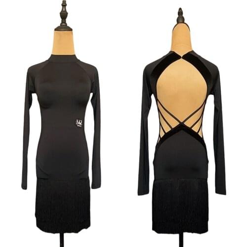 Fringe Latin Dress Women Backless Performance Costume Salsa Clothing Long Sleeve Tap Dancewear Black Samba Dance Outfit JL3364
