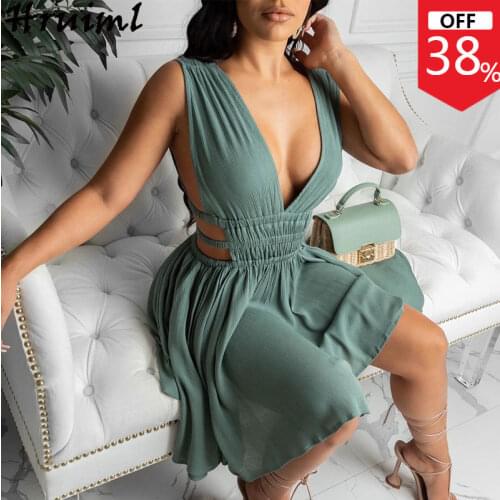 Sexy Dress Women Sleeveless Solid Color Deep V Neck Elastic Waist Party Dresses Women Evening Backless A Line Mini Vestiti Donna