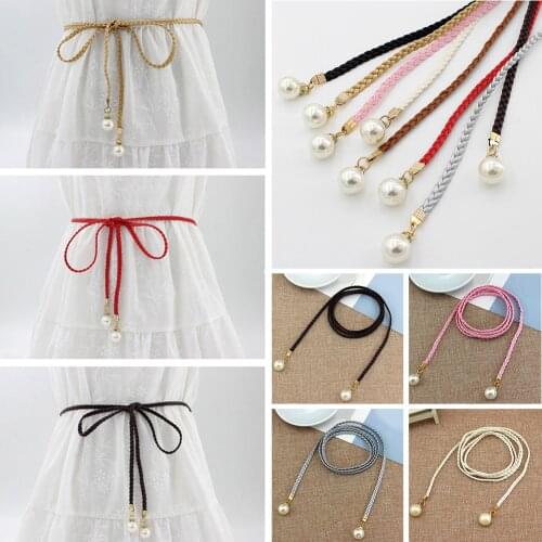 Women Belt Style Candy Color Waist Chain Hemp Rope Braided Big Pearl Dress Belt Casual Thin Belt For Dress Candy Color Women