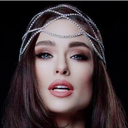 Luxury Rhinestone Multi-layer Forehead Mesh Headband Hair Accessories for Women Crystal Hollow Headpiece Flapper Cap Hat Jewelry
