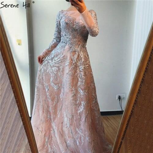 Pink A-Line Handmade Flowers Crystal Evening Dresses 2020 O-Neck Long Sleeves Evening Gowns Design 2020 Serene Hill LA70259