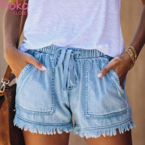 Flokocloset Elastic Waist Casual High Waist Shorts Women Denim Booty Drawstring Jean Shorts Hot Pant Streetwear Tassel 7 Colors