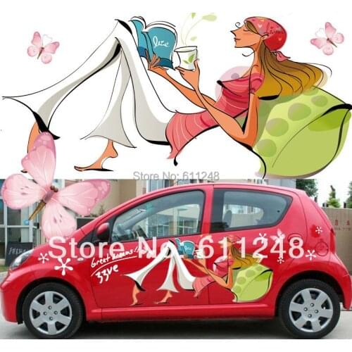 Car styling Elegant girl reading a book, butterflies, flowers 3D car sticker for all Sedan/ Hatchback car Body Decals