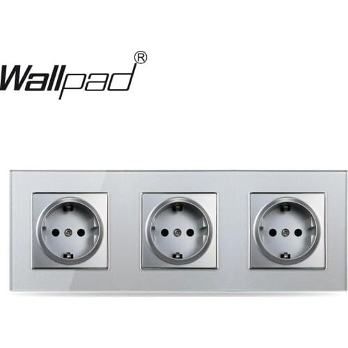 Triple EU Silver Glass Wall Socket with Claws 234*86mm Wallpad Tempered Glass 220V AC 16A 3 Schoku Power Outlet Round Back
