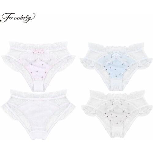 Women Cute Low Waist Floral Print Patchwork Briefs Lingerie Lace Trim Ruffled Panties See-Through Mesh Back Underpants Underwear