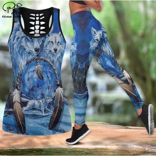 PLstar Cosmos Women for girl Workout Pants Galaxy wolf 3D Printed Hollow Tanktop sexy Yoga Retro Suit Fitness Soft Legging