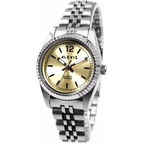 Alexis Ladies Fashion Analog Quartz Round Watch Japan Miyota Movement Matt Silver Stainless Steel Band Gold Dial Water Resistant