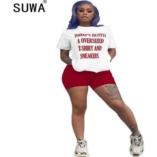 Sweat suits women two piece set summer clothes letter print classic white tee shirts + skinny joggers shorts tracksuit