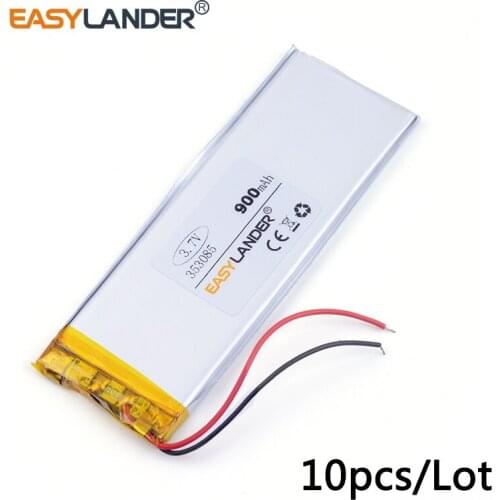 10pcs /Lot 3.7v lithium Li ion polymer rechargeable battery 353085 900mAh For Mp3 DVD PAD phone tablet pc power bank
