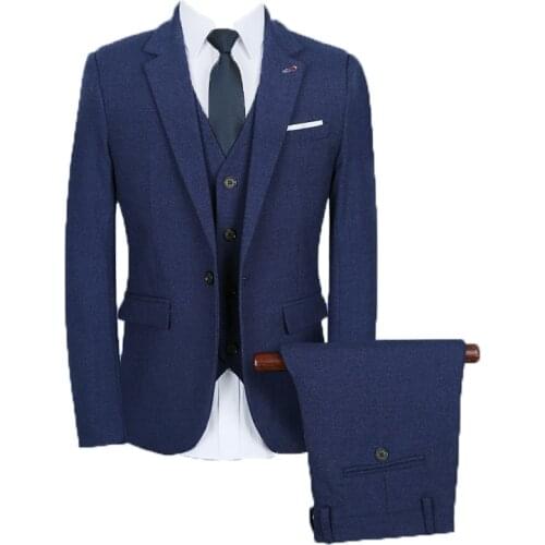 3pc Costume Homme Fashion Vintage Slim Fit Men Suit Plus Size Solid Blue Business Formal Wear Hot Groom Wedding Dress Suit Men