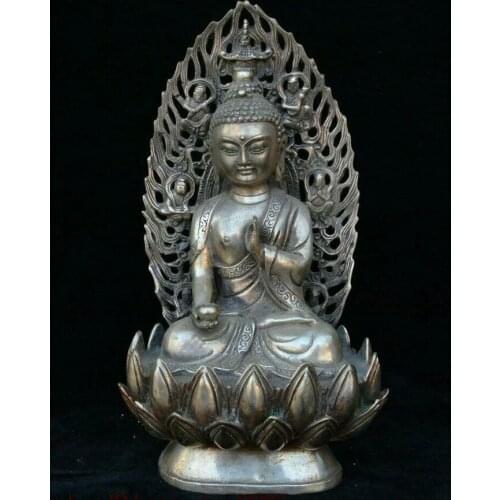 9" Old Ancient Chinese Buddhism Temple Silver Shakyamuni Amitabha Buddha Statue