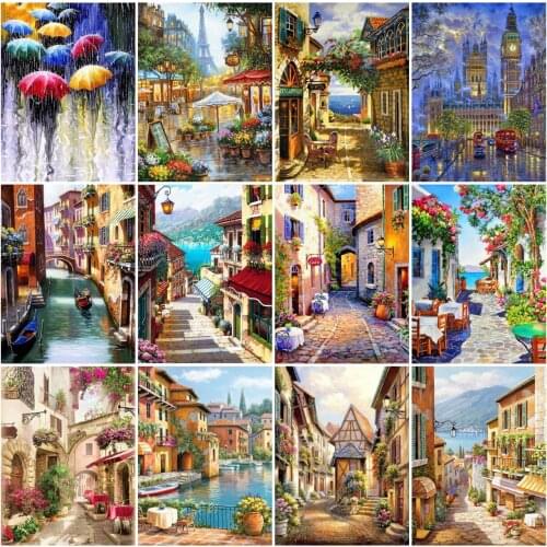 AZQSD Full Drill Diamond Painting City Street Cross Stitch Needlework Rhinestones Diamond Embroidery Landscape Mosaic Home Decor