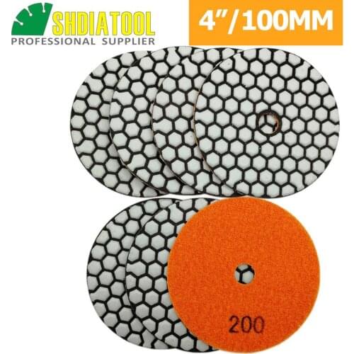 SHDIATOOL 7pcs 4"/100mm Diamond Dry Polishing Pad For Granite Marble Grit #200 Flexible Resin Sanding Disk Stone Polisher Pad