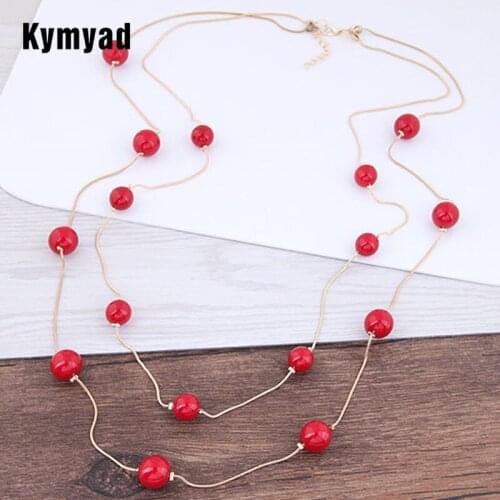 Kymyad Trendy Long Necklace Women Imitation Pearl Necklaces & Pendants Multilayer Sweater Chain Necklaces Vintage Accessories