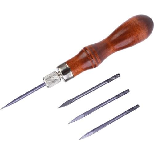 Imzay Leather Handle 4 in 1 Wooden Handle Sewing Awl Leather Craft Awl Tool Leathercraft Punch Tool For Stitching Sewing Repair