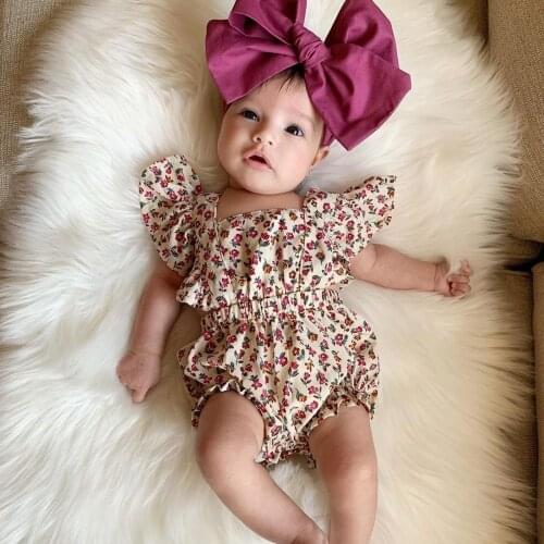 Summer Newborn Infant Baby Girls Pretty Cute Bodysuits Square Collar Short Ruffle Sleeve Floral Pattern Backless Jumpsuits
