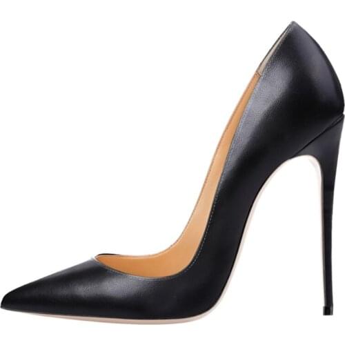 Hot Selling Luxury Brand Women Shoes Sexy Pointed Toe Black Leather Ladies Heels Thin Dress Shoes Slip On Stiletto Heel Pumps