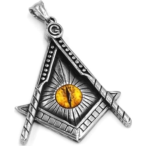 Freemasonry Compass Masonic Pendant Stainless Steel All Seeing Eye Illuminati Pyramid Yellow Eye Biker Men Pendant 547B