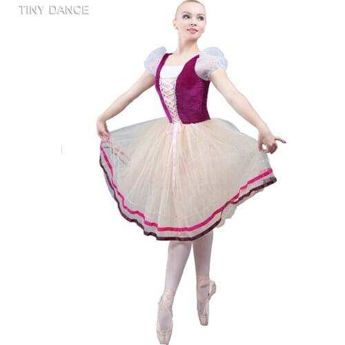Sweet Peasant Costume for Girls Puffy Sleeves Ballerina Tutu Dress Deep Cherry Pink Velvet with Romantic Length Tutu Skirt 16009