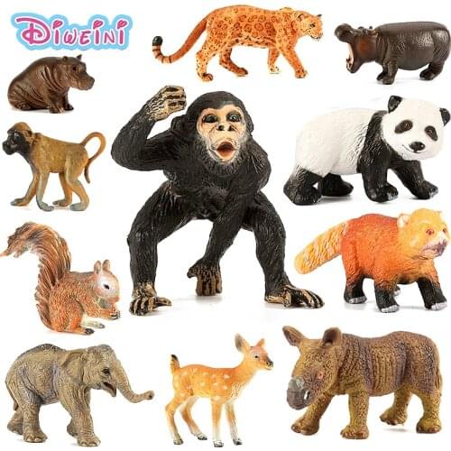 Zoo simulation mini animal models figures toys Panda Elephant Deer Squirrel Tiger Lion Leopard Hippo Bear Figurine Kids Gift toy