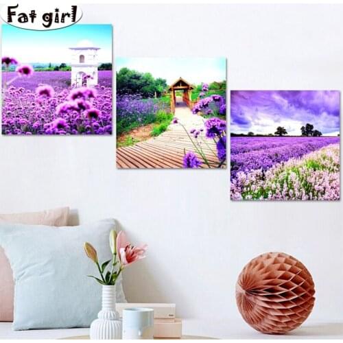 Lavender flower sea, small pavilion and wooden plank road cross stitch 5D mosaic decor square round diamond painting embroidery