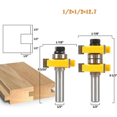 2pcs1/4" 1/2" Shank 3 Blades T Type Tongue Groove Router Bit Set Woodworking Mortise Knife Tenon Solid Carbide End Mill Cutter
