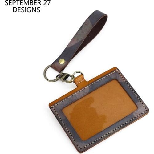New Fashion ID Badge Holder For Work Vegetable Tanned Leather Luxury Bus Identity Card Holders 100% Cowskin Tag With Keychain