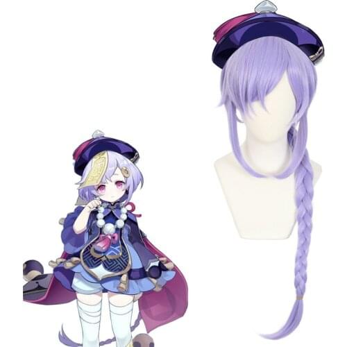 Genshin Impact Game Cosplay Wig Qiqi Zombie Cute Ladies Cosplay Twist Braid Cos Anime Wig Fake Long Braid Lavender Hair Unisex